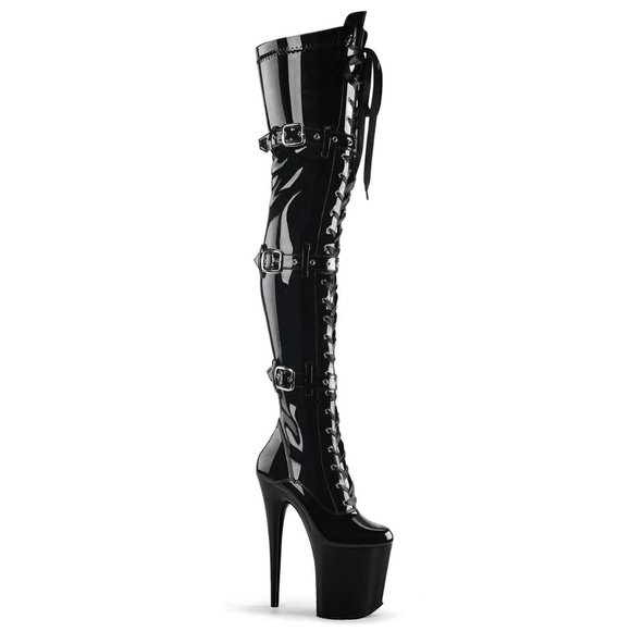 Pleaser 8" Flamingo #3028 Black Patent Thigh High Boots- Size 10 - Picture 2 of 6